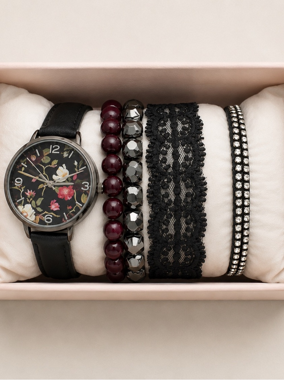 New Floral Watch & 4 Bracelet Stack Set Black Burgundy Rhinestone Lace